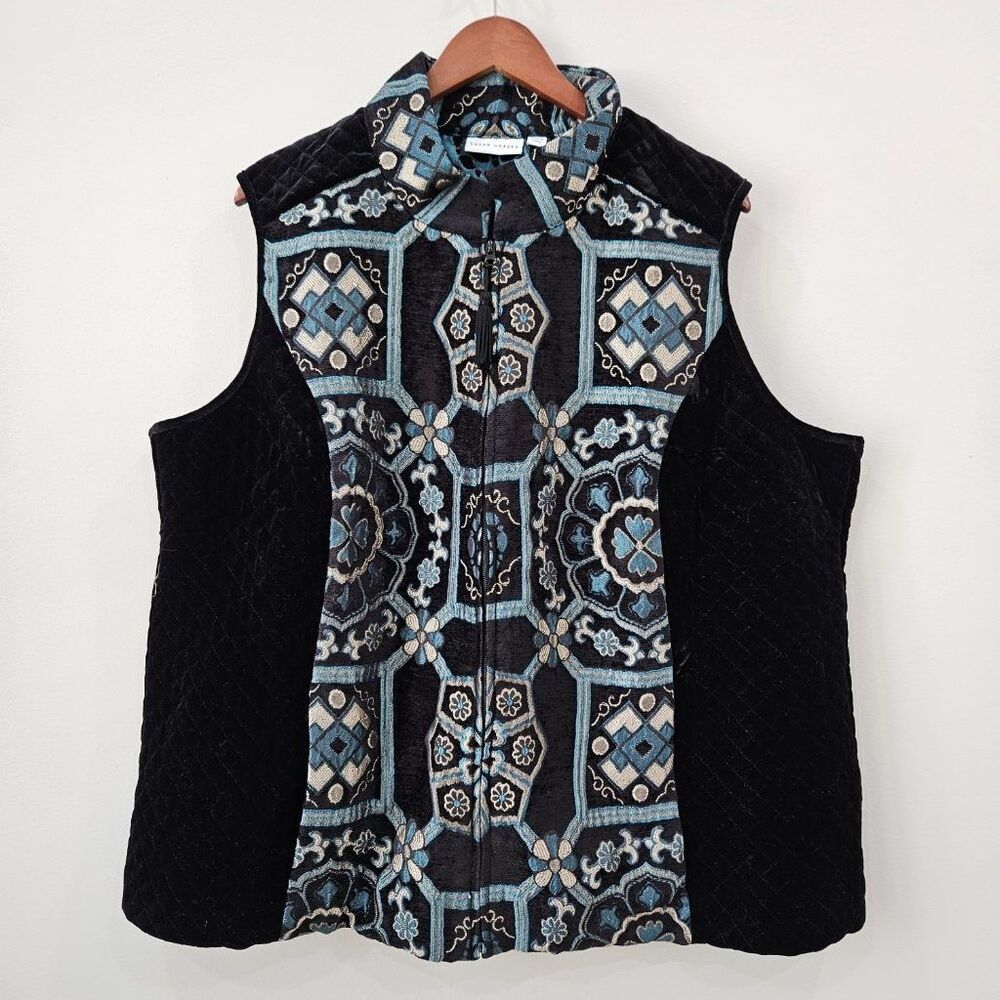 Susan Graver 24W Velvet Chenille Tapestry Vest Black Blue Tassel Zip Boho